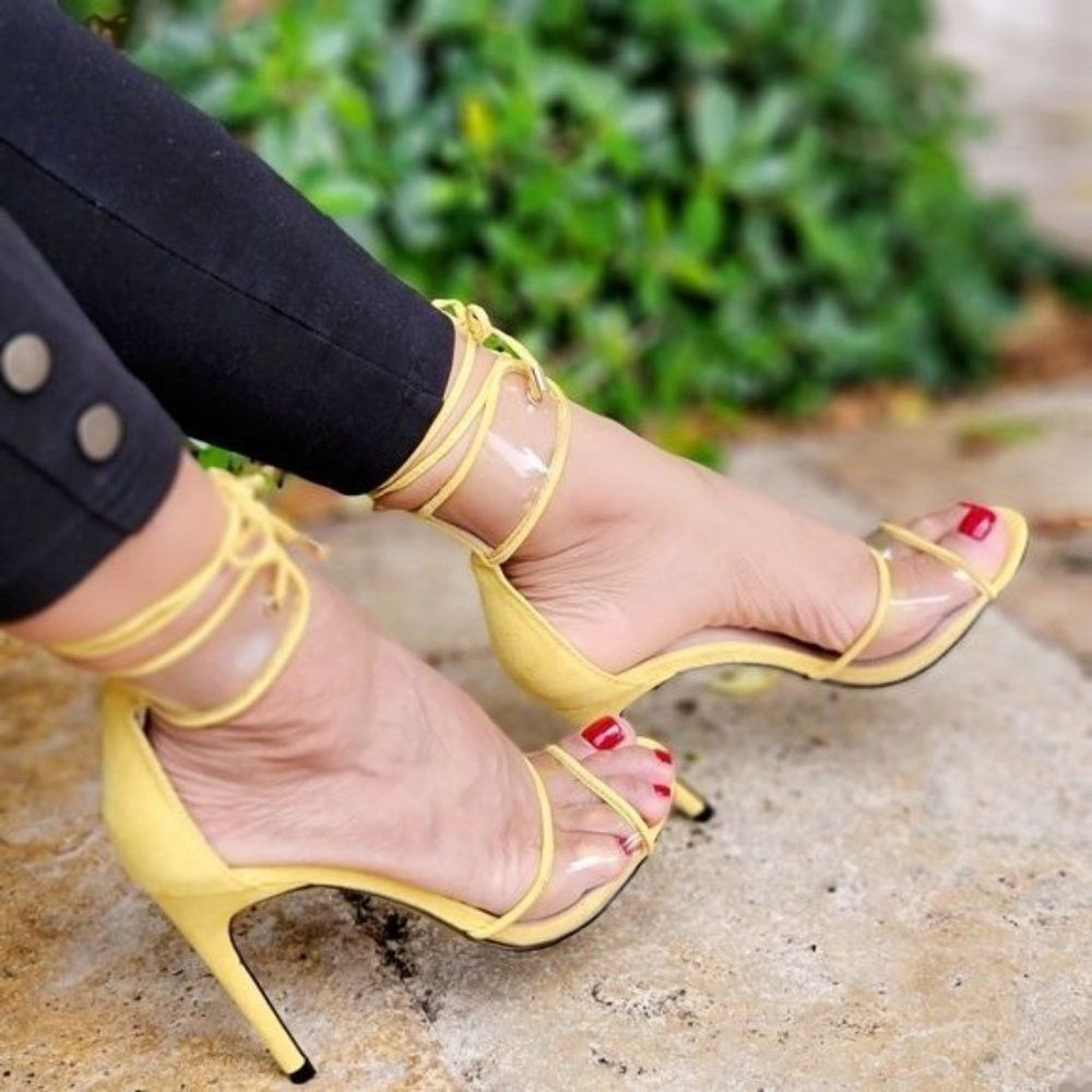 Yellow Faux Suede Lace Up Sandals Clear Vinyl Heels for Women